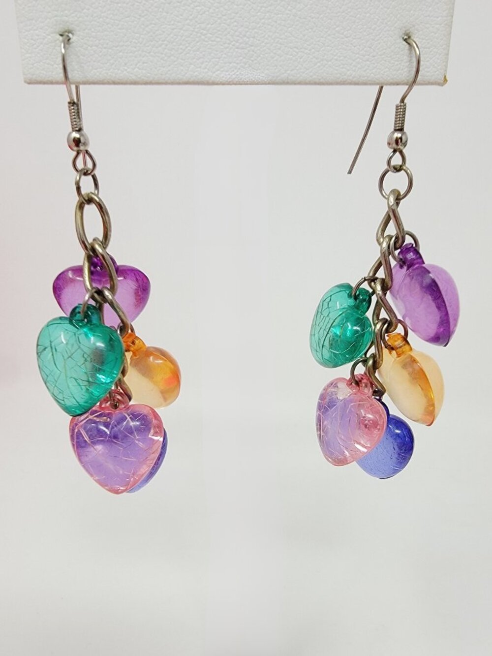 Vintage 80s Colorful Crackle Heart Dangle Earrings Multicolor